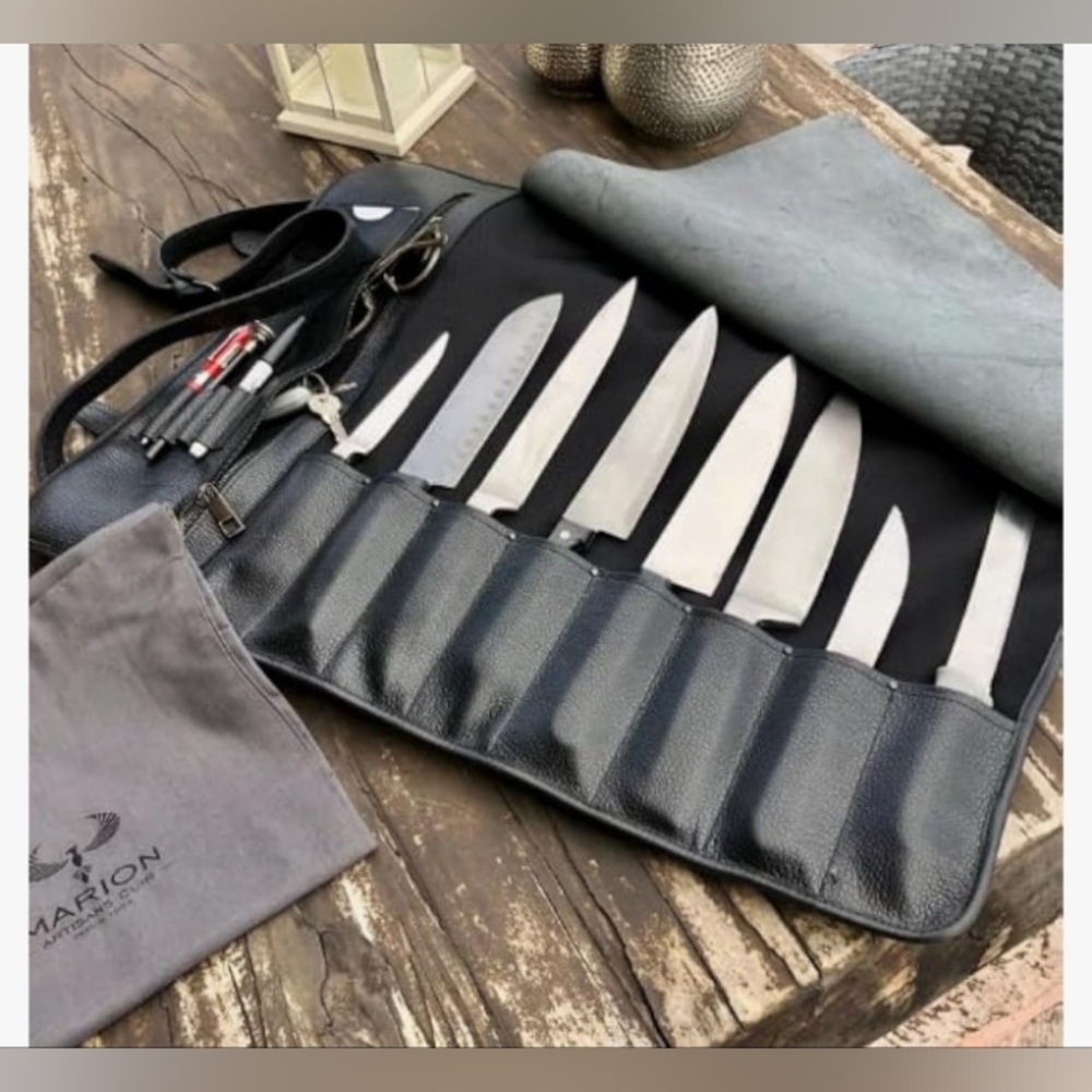 Chef's Knife Roll Bag, LE MINUIT by MARION Genuine Calf Top Grain Black Leather - Picture 4 of 12